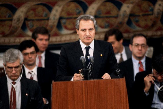 Farouk al-Sharaa, the former Syrian Foreign Affairs Ministers in the Madrid Peace Conference of 1991. He caused an uproar when he exhibited a picture showing the then Israeli Prime Minister, Yitzhak Shamir, when he was on a wanted terrorist list of the British Mandate authorities of Palestine. @All Rights Reserved