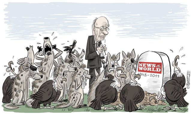 Em 2010, depois de mais um escândalo, envolvendo escutas telefónicas, o magnata Rupert Murdoch (no cartoon) encerrou o seu jornal News of the World, fundado 168 anos antes. © Cagle Cartoons