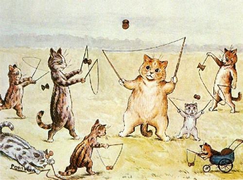 Wain was always fascinated by cats, but when his wife was diagnosed with cancer, he started drawing them in silly situations to amuse her. His drawings grew in popularity and were featured on greeting cards and in magazines and newspapers. Life was good, that is until his wife died of said cancer and he started to lose control of his mind. ©http://endofthegame.net