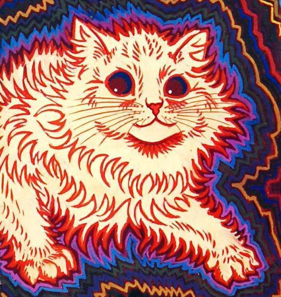 “Characteristic changes in the art began to occur, changes common to schizophrenic artists. Jagged lines of bright color began emanating from his feline subjects. The outlines of the cats became severe and spiky, and their outlines persisted well throughout the sketches, as if they were throwing off energy.” © endofthegame.net