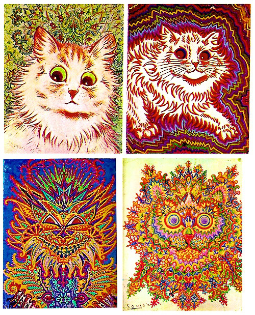 Louis Wain was an English artist known for drawing cats, going crazy, and then drawing more cats. Later in his life he developed schizophrenia and psychologists believe that his descent into madness can be clearly seen in his cat drawings. © endofthegame.net