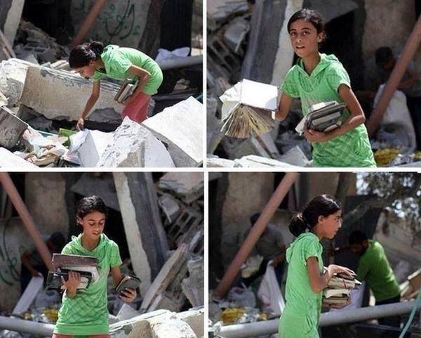Uma menina palestiniana em Gaza tenta recuperar os seus livros depois de um ataque israelita. Esta foto foi partilhada por milhares de pessoas nas redes sociais. © Direitos Reservados | All Rights Reserved