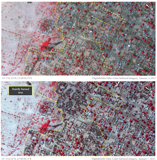 A whole neighbourhood has been burnt down in Baga between 2 and 7 January, as the satellite images above demonstrate. © Am