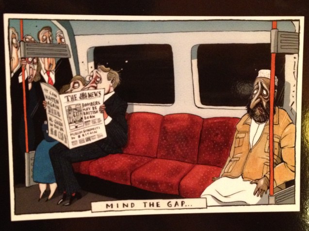 Originally published by Morten Morland in July 2005, “Mind the Gap…” satirizes the kind of paranoia prevalent in some countries during a period in which public perceptions of British Muslims were significantly affected by the attacks of 7 July. © muslimpoliticalparticipation.org/