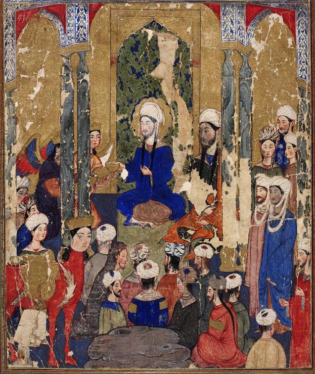 The Prophet Muhammad sits with the Abrahamic prophets in Jerusalem, anonymous, Mi‘rajnama (Book of Ascension), Tabriz, ca. 1317-1330. © Istanbul Topkapi Palace Library | /tarekfatah.com