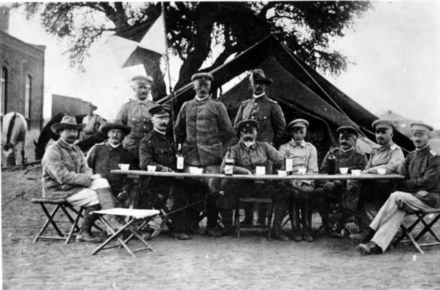 Central figure Lieutenant General Lothar von Trotha, the Oberbefehlshaber (Supreme Commander) of the protection force in German South-West Africa, in Keetmanshoop during the Herero uprising, 1904. ©