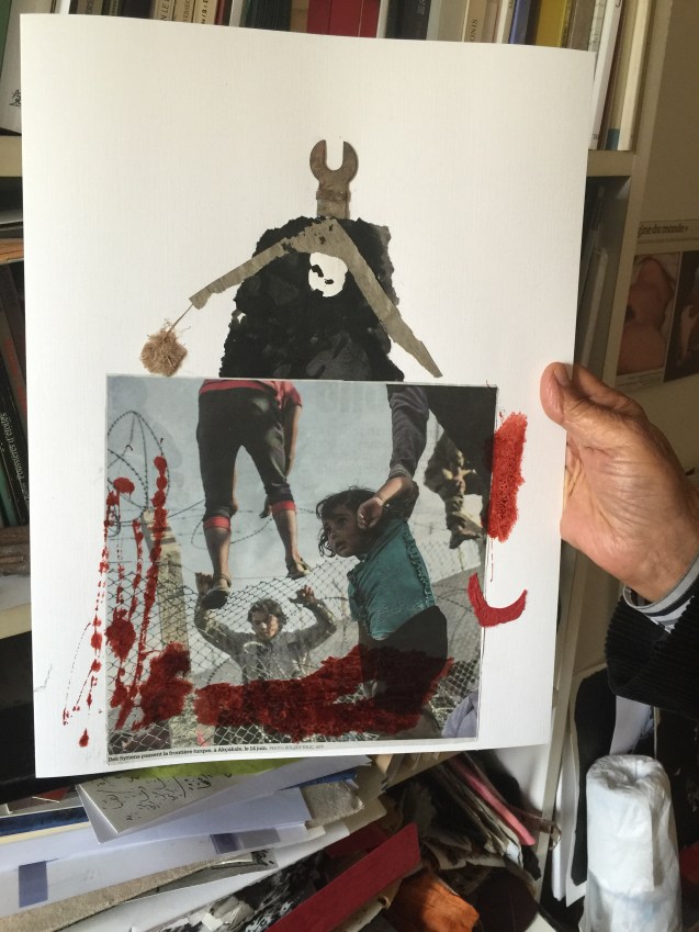 Adónis e uma das suas pinturas mais recentes (ainda inacabada), dedicada à Síria. © Margarida Santos Lopes