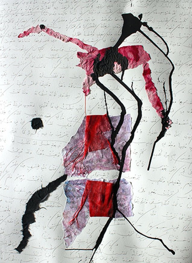 Untitled 2008 'This is the only collage in the exhibition where I've used black ink. It's a text from the 8th century – another beautiful love poem – this time by Bashar ibn Burd, one of the founders of Arab modernity at that time. He was killed by the Caliph after he was accused of being irreligious' © Adonis | The Guardian
