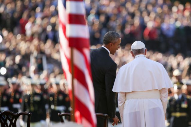 President Barack Obama and Pope Francis stand together on stage during a state arrival ceremony for the pope, Wednesday, Sept. 23, 2015, on the South Lawn of the White House in Washington. (On September 23, 2016, Pope Francis became only the third pope to visit the White House. © Andrew Harnik | AP